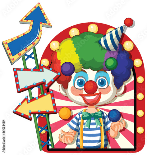 Cheerful clown with colorful arrows and lights