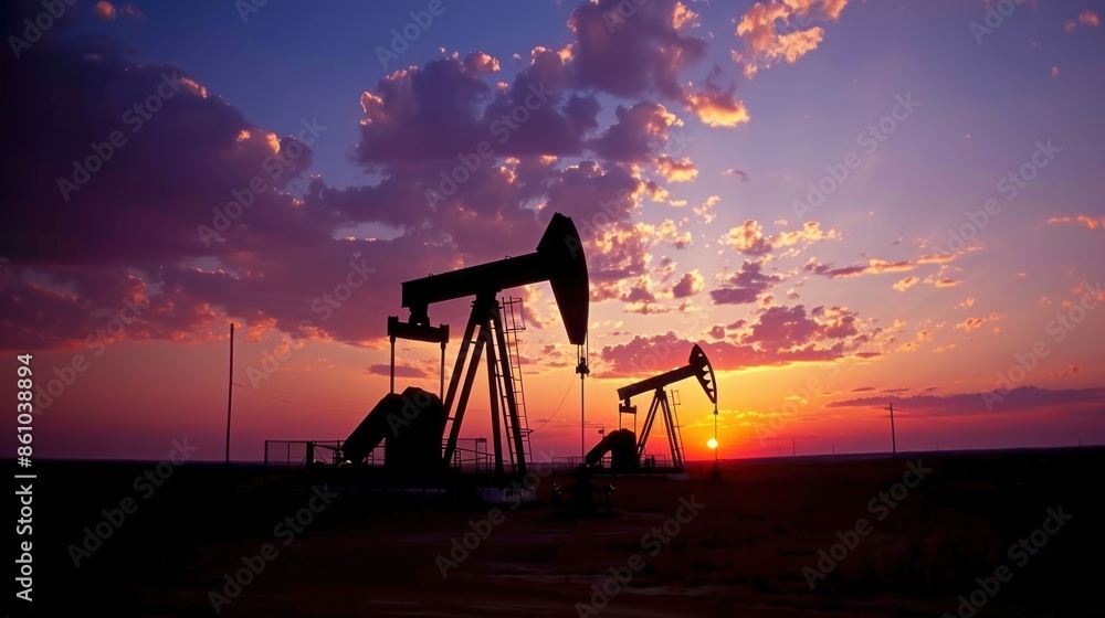 Naklejka premium Silhouetted oil pump jacks operate against a vibrant sunset sky, highlighting industrial energy production in a dramatic setting.