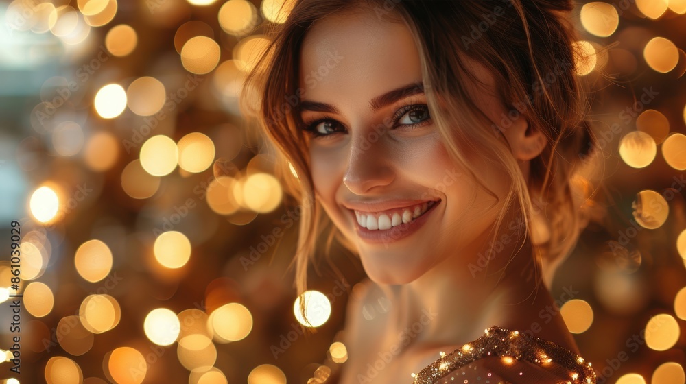 Beautiful woman smiling warmly in front of festive golden lights, radiating holiday cheer and elegance. Beautiful woman smiling warmly in front of festive golden lights, radiating holiday cheer and elegance.