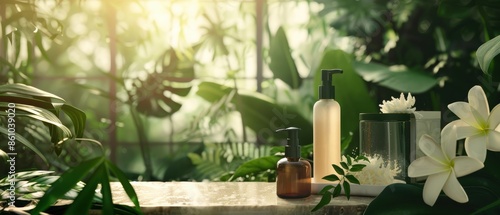 Eco-friendly products with a green leafy background, with natural light, organic, earthy tones, detailed photography photo
