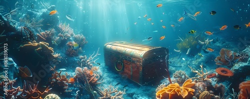 Underwater Sunken Treasure Chest with Diverse Marine Life Exploring the Enchanted Seascape photo