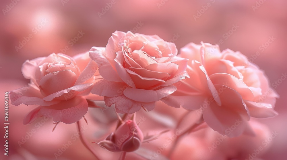 Beautiful soft pink roses in full bloom, showcasing their delicate petals and creating a romantic floral scene. Beautiful soft pink roses in full bloom, showcasing their delicate petals and creating a romantic floral scene.