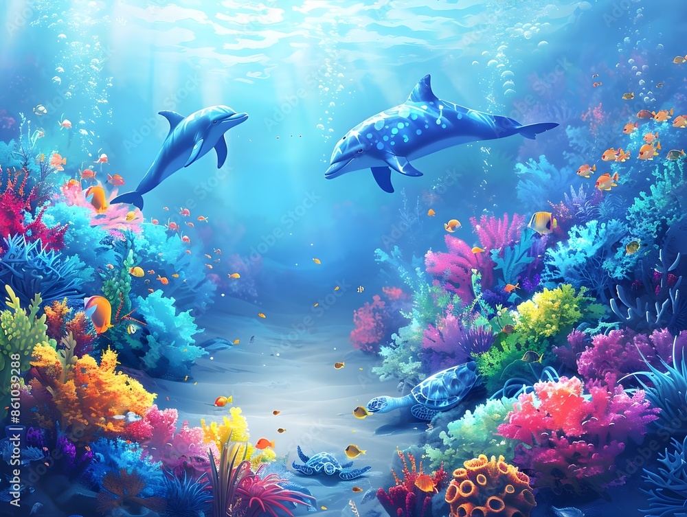 Vibrant Underwater World with Playful Dolphins Coral Reef and Sea Turtles Vibrant Underwater World with Playful Dolphins Coral Reef and Sea Turtles