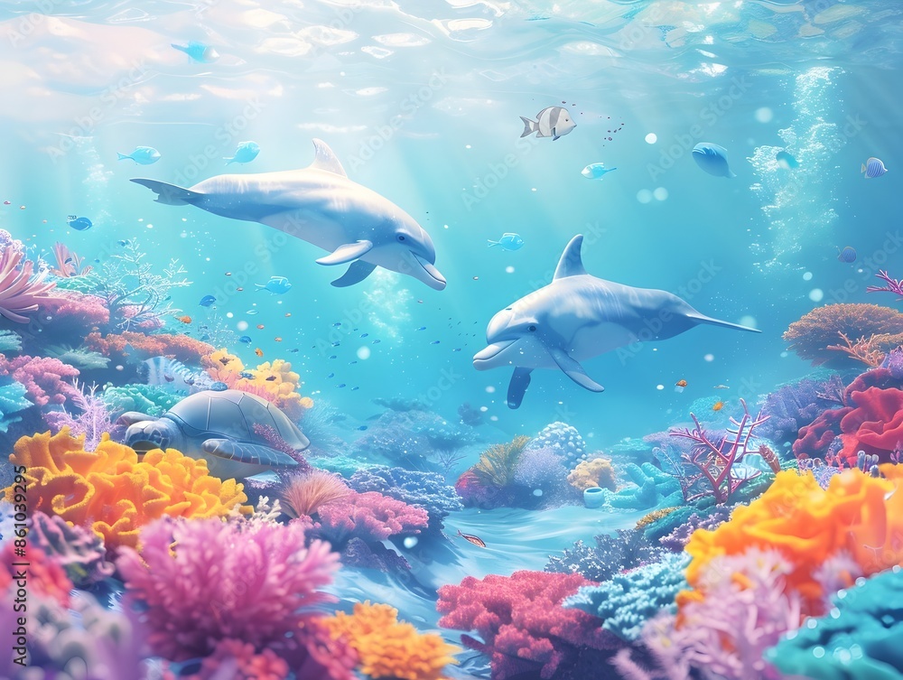 Obraz premium Enchanting Underwater World with Playful Dolphins and Vibrant Coral Reef