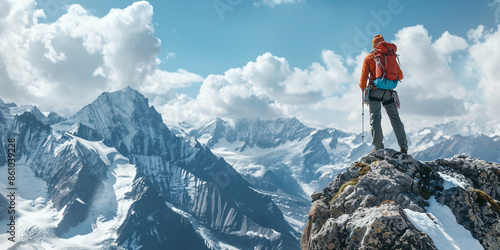 A hiker at their victorious ascent at sunny day 