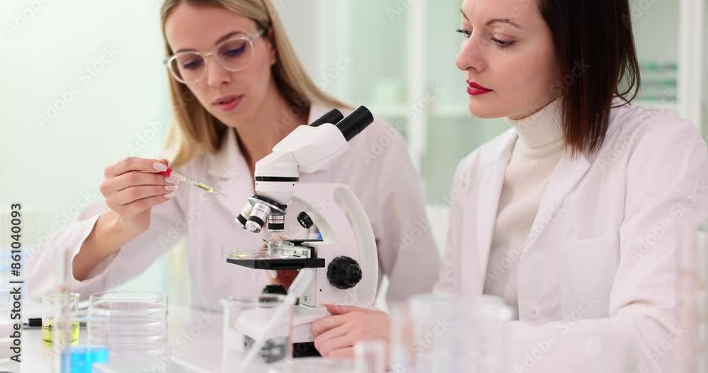 Technician drips reagent on slide medic looks in microscope Technician drips reagent on slide medic looks in microscope