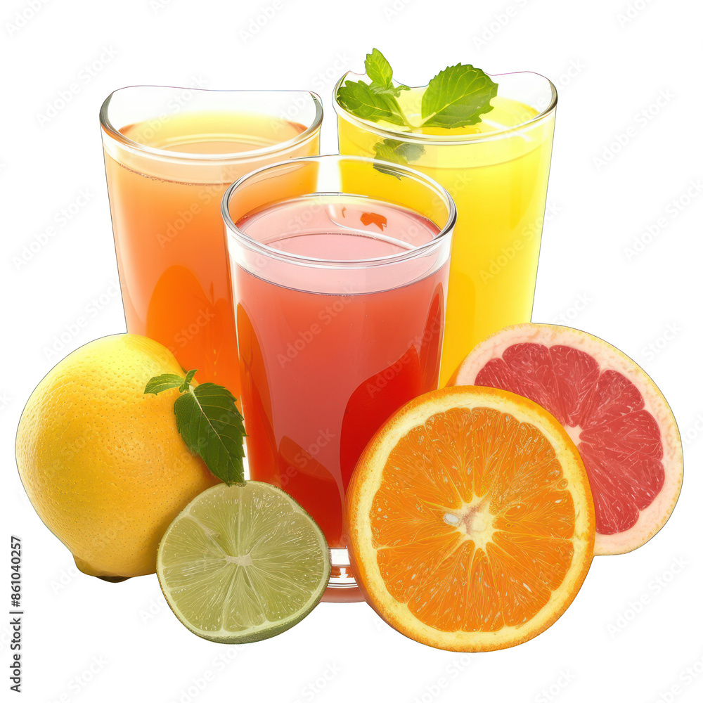 three glass of fruit juice with fruit on the side isolated on white transparant background png three glass of fruit juice with fruit on the side isolated on white transparant background png
