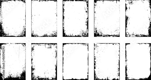 Border overlay textures set stamp with grunge effect. Old damage Dirty grainy and scratches. Set of different distressed black grain texture. Distress overlay vector textures.	