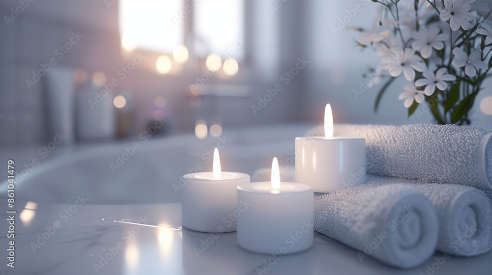 Candles and various spa products taken close-up, Flower pots and spa stones, cozy and emotional atmosphere Candles and various spa products taken close-up, Flower pots and spa stones, cozy and emotional atmosphere