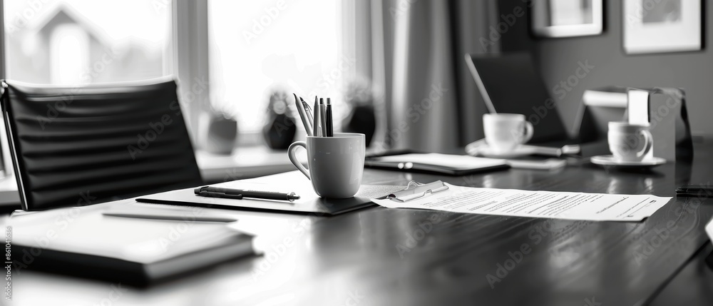 Office supplies on a modern desk, with clean lines, minimalist, monochromatic, sharp focus photography Office supplies on a modern desk, with clean lines, minimalist, monochromatic, sharp focus photography