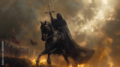The Third of the Four Horsemen of the Apocalypse, Carrying Scales and Riding a Black Horse Symbolizing Famine. Bible illustration from the Book of Revelation