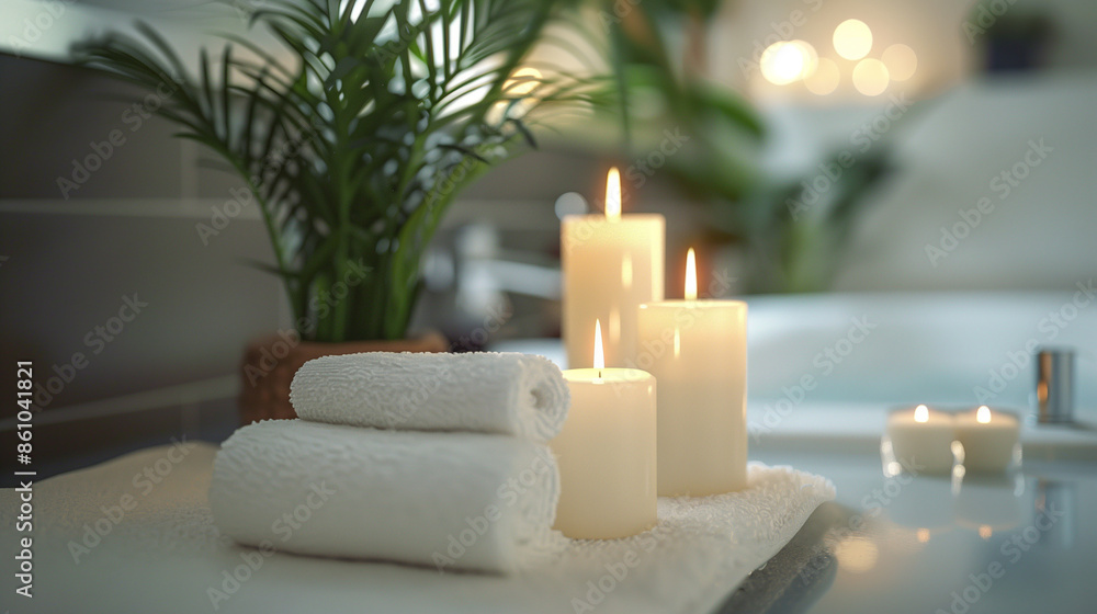 Candles and various spa products taken close-up, Flower pots and spa stones, cozy and emotional atmosphere Candles and various spa products taken close-up, Flower pots and spa stones, cozy and emotional atmosphere