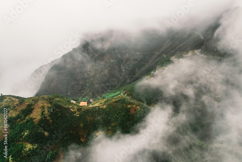 Aerial view  misty landscape with road in Madeira Island, Portugal