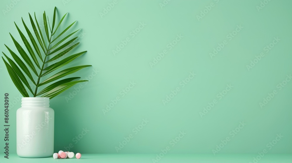Minimalist green vase with a palm leaf on a painted pastel green background. Clean and fresh design concept with negative space. Minimalist green vase with a palm leaf on a painted pastel green background. Clean and fresh design concept with negative space.
