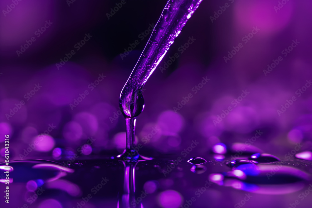 Glass pipette dripping purple liquid creating drop Glass pipette dripping purple liquid creating drop