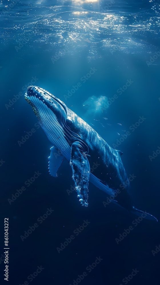 Fototapeta premium Majestic Blue Whale Swimming through the Captivating Deep Ocean with Accompanying Fish