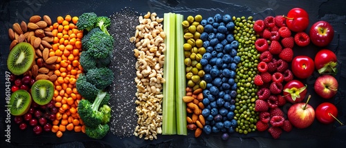 Rainbow of Healthy Foods on Black Background.