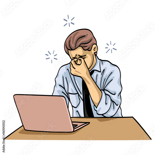 Businessman Exhausted Dizzy Man Working on Laptop Vector Illustration