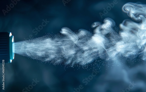 Closeup of an inhaler being used, showing the spray mist, inhaler in action, detailed health imagery