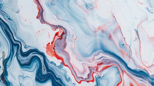 Close-up of bright blue, red and white marble featuring intricate swirls.