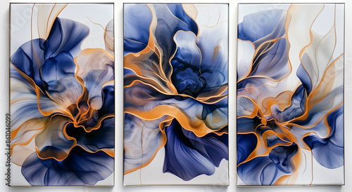 Set of three posters with floral purple flowers abstract art of yellow, blue, purple and cyan abstract shapes. Decorative framed wall art for copy space. 