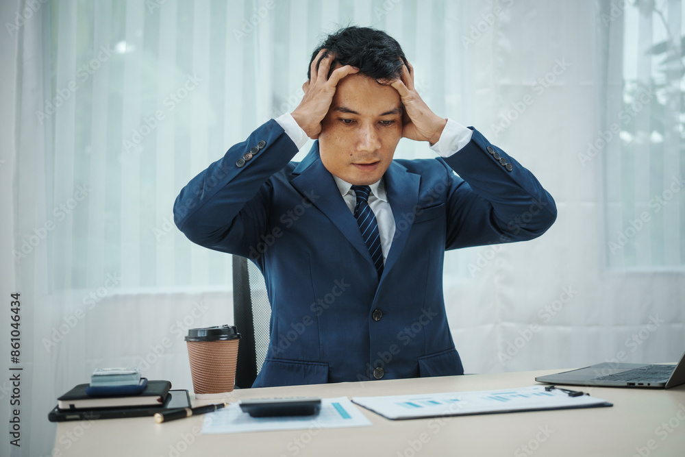 A banker in a suit works at a desk, handling loans, analyzing client financial data, providing financial advice, dealing with stocks, and researching economic situations. Economic stress from A banker in a suit works at a desk, handling loans, analyzing client financial data, providing financial advice, dealing with stocks, and researching economic situations. Economic stress from