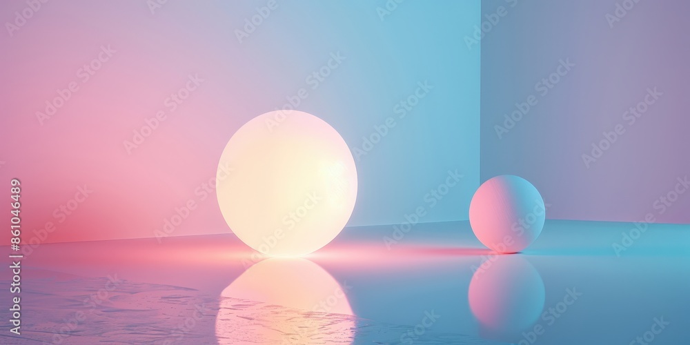 Two White Spheres in a Pink and Blue Room Two White Spheres in a Pink and Blue Room