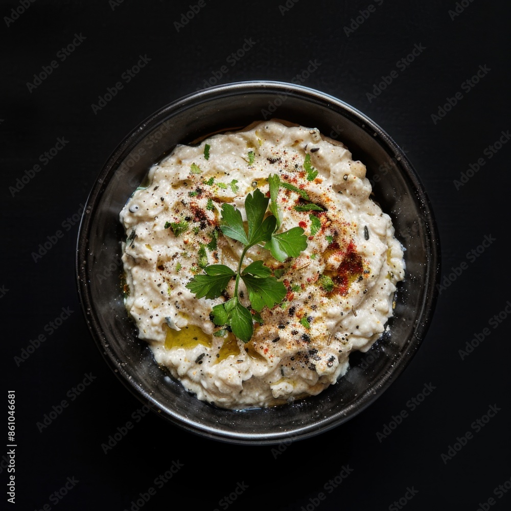Garlic and Herb Baba Ganoush in a Black Bowl Garlic and Herb Baba Ganoush in a Black Bowl