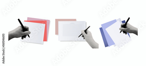 Paper letter. A woman's hand fills out a document, a list, a page, writes a message. Send an envelope with a letter or document by email.  Planning, journaling, notes. Contemporary art collage. Vector