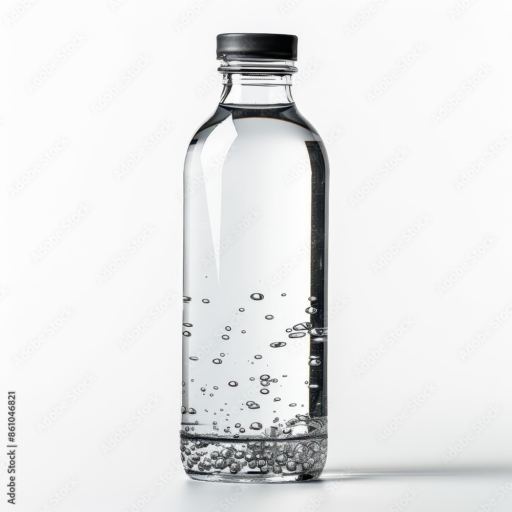 Clear glass bottle filled with sparkling water, showing bubbles, isolated on a white background, representing freshness and purity. Clear glass bottle filled with sparkling water, showing bubbles, isolated on a white background, representing freshness and purity.