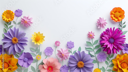 Colorful flowers papercraft background with copyspace