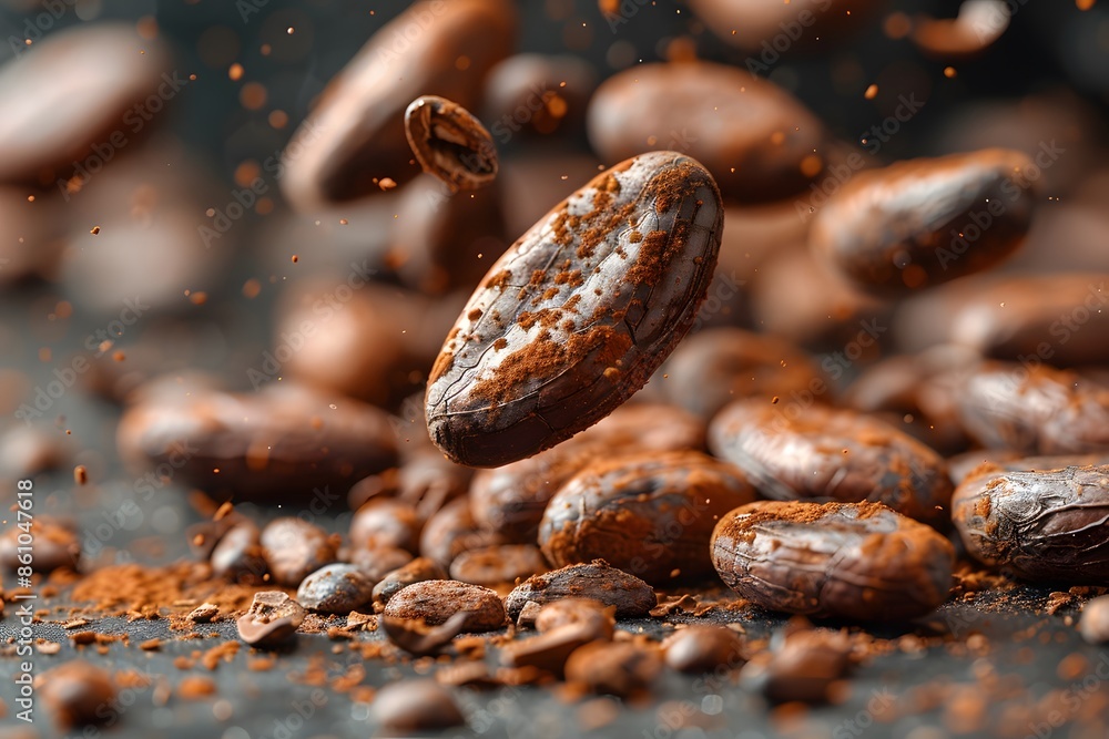 Close-Up of Cocoa Beans with Flying Cacao Particles - Ideal for Food Packaging or Chocolate Branding Close-Up of Cocoa Beans with Flying Cacao Particles - Ideal for Food Packaging or Chocolate Branding