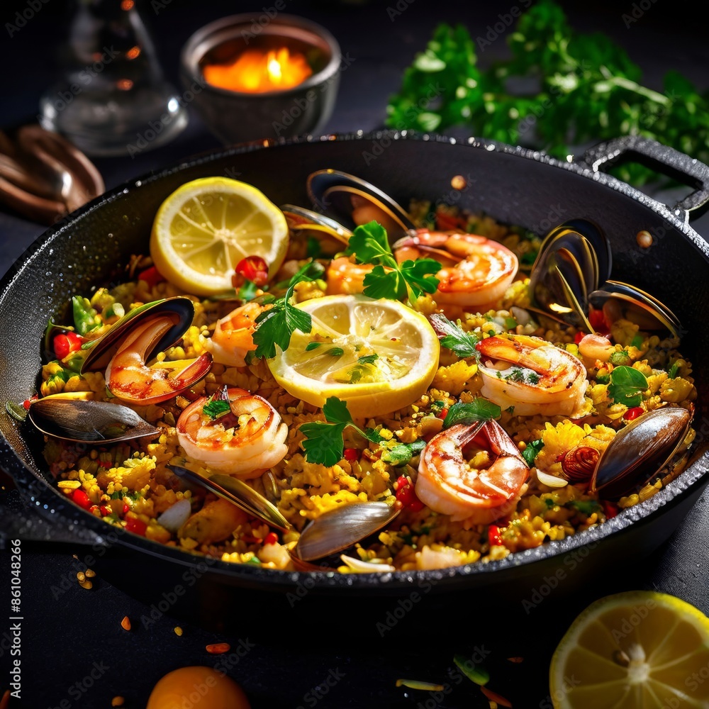 A flavorful seafood paella with shrimp, mussels, lemon slices, and fresh parsley, served in a large pan, perfect for the DASH diet. A flavorful seafood paella with shrimp, mussels, lemon slices, and fresh parsley, served in a large pan, perfect for the DASH diet.