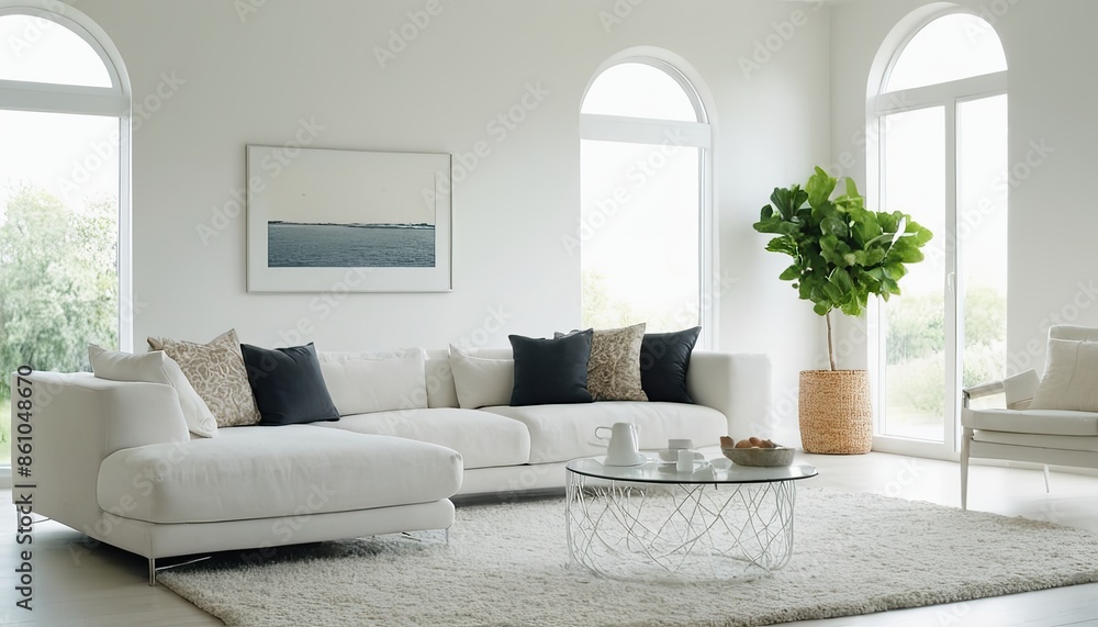 contemporary living room with open concept view through to dining room kitchen and a marble