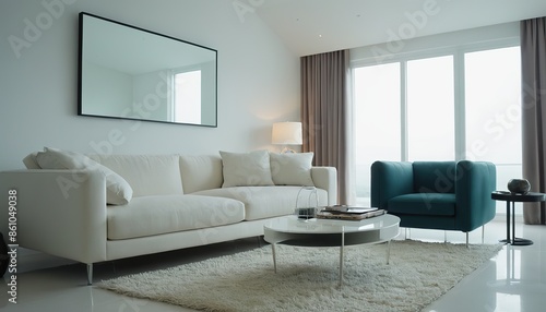 Modern, white minimalist interior with kitchen, sofa, wood floor, wall panels and marble kitchen island.