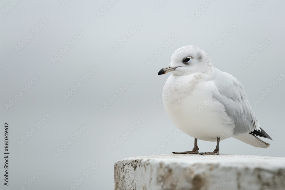 Seagull standing on a concrete block in a foggy day Seagull standing on a concrete block in a foggy day