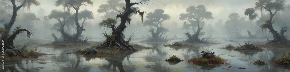 Fototapeta premium An alien wetland with fog-covered waters and peculiar, vine-like creatures hanging from the trees, depicted in thick, textured oil paint to enhance the eerie and mysterious landscape, Generative AI
