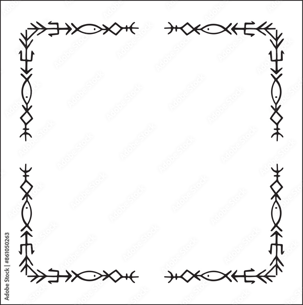 Elegant black and white ornamental frame with Viking runes, decorative border, corners for greeting cards, banners, business cards, invitations, menus. Isolated vector illustration. Elegant black and white ornamental frame with Viking runes, decorative border, corners for greeting cards, banners, business cards, invitations, menus. Isolated vector illustration.