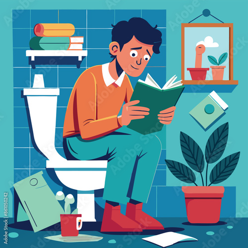 A man sitting on a toilet reading a book