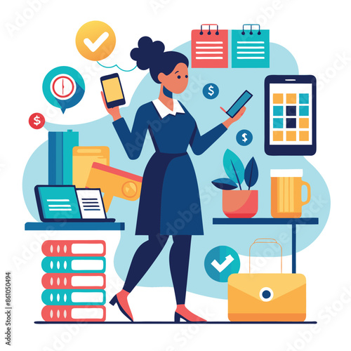 Busy Businesswoman Multitasking While Working in Her Home Office, This illustration depicts a woman in a business setting, juggling multiple tasks while working from home. She is using two mobile phon