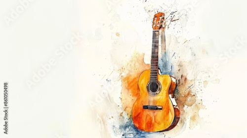 Watercolor painting of Guitar. Currently, guitars are divided into 3 main types: acoustic guitars, classical guitars, and electric guitars.