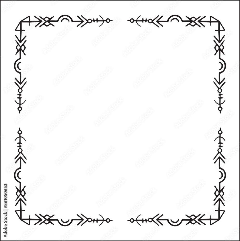Elegant black and white ornamental frame with Viking runes, decorative border, corners for greeting cards, banners, business cards, invitations, menus. Isolated vector illustration. Elegant black and white ornamental frame with Viking runes, decorative border, corners for greeting cards, banners, business cards, invitations, menus. Isolated vector illustration.