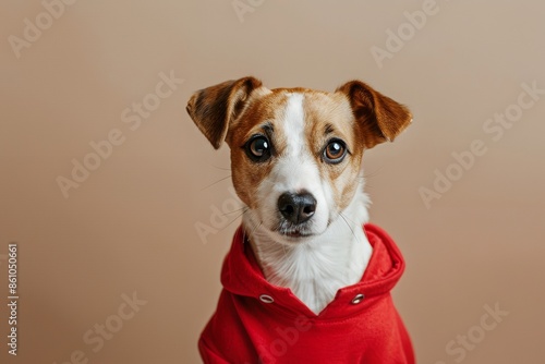 Cute dog in shirt looking at camera isolated on beige background, copy space concept. Cute Jack Russell Terrier wearing red posing for photo, portrait photography