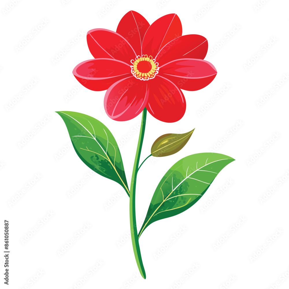 Single Red Flower With Green Leaves on White Background, This image showcases a single red flower with green leaves on a white background. The flower has a vibrant red color with a yellow center. Single Red Flower With Green Leaves on White Background, This image showcases a single red flower with green leaves on a white background. The flower has a vibrant red color with a yellow center.