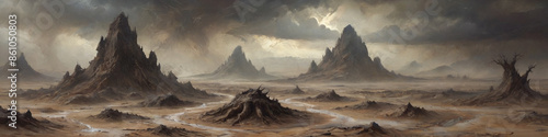 A dusty, barren landscape with enormous mutated animals trudging through the swirling dust, Generative AI photo