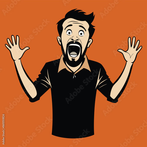 Shocked Man With Open Mouth and Arms Raised in Surprise, A cartoon illustration depicts a man with a shocked expression, his mouth wide open in surprise. His arms are raised in the air.