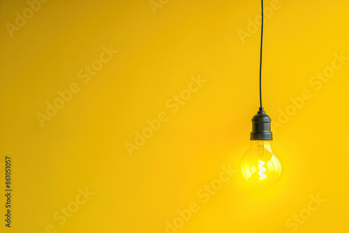 Light bulb hanging and glowing on a yellow background