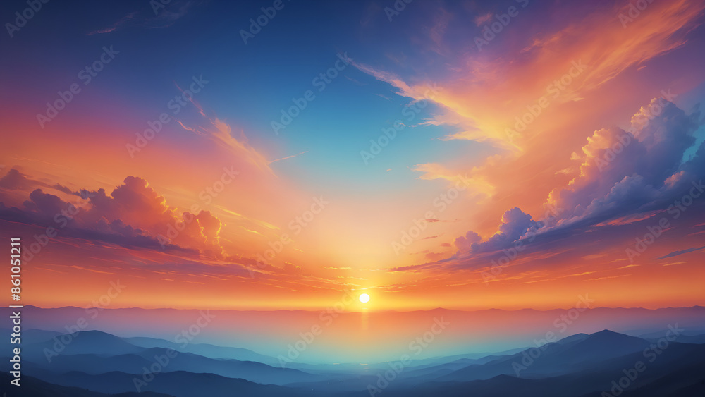 Fantasy vibrant gradient panoramic sunset sky cloud and sun Fantasy vibrant gradient panoramic sunset sky cloud and sun