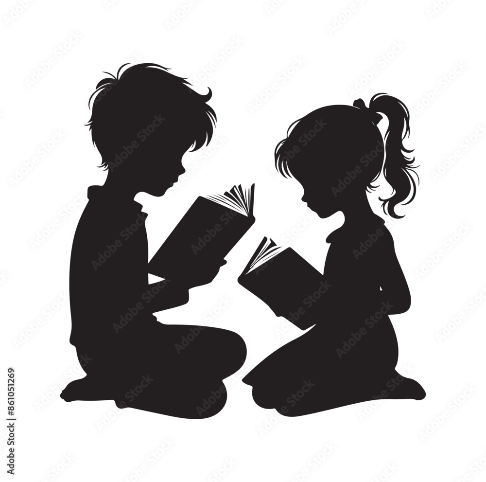 boy and girl reading book vector silhouette boy and girl reading book vector silhouette