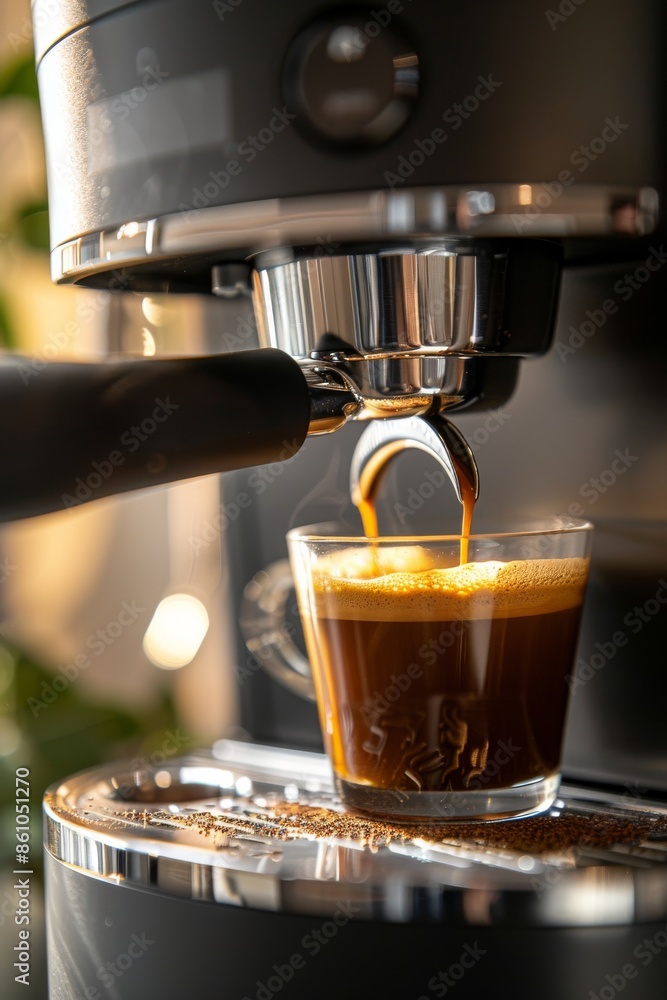 Freshly brewed espresso shot being pulled from a modern espresso machine, with rich, aromatic coffee filling a small glass cup under a sleek, metallic spout. Freshly brewed espresso shot being pulled from a modern espresso machine, with rich, aromatic coffee filling a small glass cup under a sleek, metallic spout.